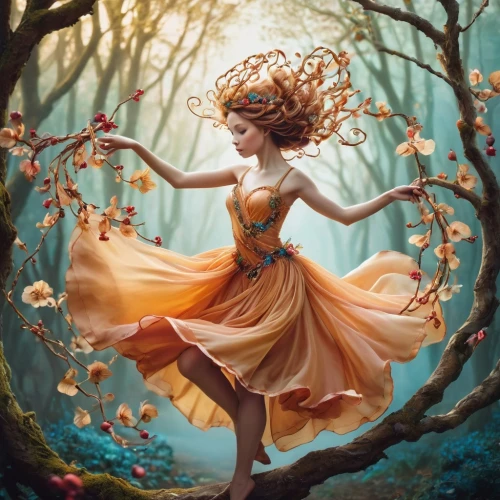 ballerina in the woods,dryad,faerie,faery,fae,flower fairy,rosa 'the fairy,fairy queen,girl with tree,girl in flowers,garden fairy,fairy forest,fairies aloft,rosa ' the fairy,little girl fairy,fairy,blossoming apple tree,fantasy picture,fairy tale character,fairy world,Illustration,Abstract Fantasy,Abstract Fantasy 11