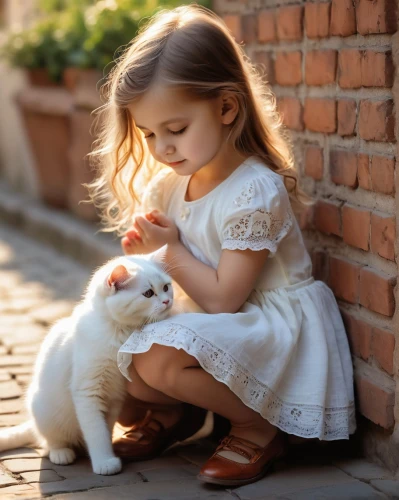 tenderness,cat lovers,white cat,cute cat,little boy and girl,innocence,vintage boy and girl,cat love,dog and cat,little girl in pink dress,affection,girl with dog,cute animals,little cat,little girl and mother,little angels,dog - cat friendship,girl and boy outdoor,a heart for animals,cat with blue eyes,Photography,General,Natural