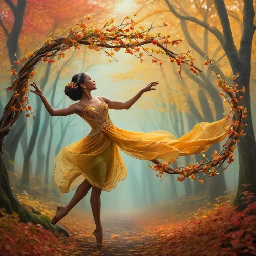 ballerina in the woods,throwing leaves,falling on leaves,autumn background,autumn theme,golden autumn,fantasy picture,autumn forest,world digital painting,ballerina,the autumn,dancer,light of autumn,yellow leaves,fae,falling flowers,ballerina girl,autumn frame,girl with tree,digital painting,Conceptual Art,Daily,Daily 04