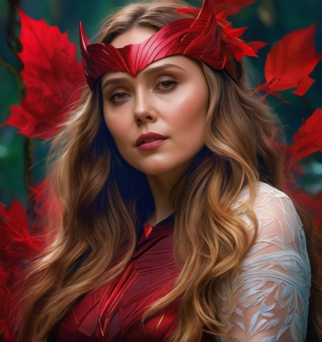 scarlet witch,red leaves,red leaf,autumn icon,fantasy portrait,red magnolia,poison ivy,maple leaf red,autumn leaf,autumn background,autumn theme,fall leaf,fantasy woman,digital painting,rosella,autumn leaves,portrait background,red maple leaf,world digital painting,fairy queen,Conceptual Art,Fantasy,Fantasy 05