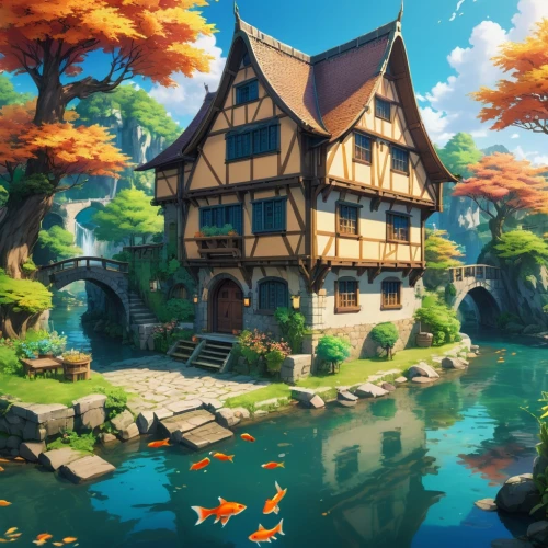 studio ghibli,water mill,fisherman's house,house by the water,house with lake,aqua studio,knight village,oktoberfest background,escher village,3d fantasy,boathouse,crooked house,fairy village,witch's house,fairy tale castle,fantasy landscape,treasure house,autumn idyll,house of the sea,fantasy world,Illustration,Japanese style,Japanese Style 03