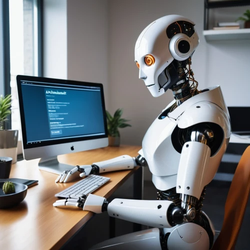 chatbot,office automation,bot training,artificial intelligence,chat bot,social bot,robotics,automation,machine learning,industrial robot,ai,women in technology,cybernetics,bot,man with a computer,robots,robotic,robot,humanoid,minibot,Photography,General,Realistic