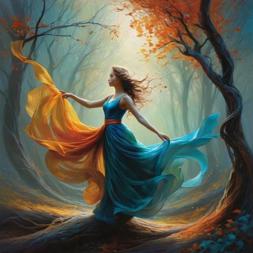 autumn background,ballerina in the woods,falling on leaves,throwing leaves,autumn theme,light of autumn,fantasy picture,the autumn,autumn idyll,girl with tree,autumn forest,autumn landscape,girl in a long dress,woman playing,mystical portrait of a girl,golden autumn,faerie,world digital painting,fantasia,blue enchantress,Conceptual Art,Fantasy,Fantasy 12