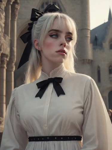 poppy,porcelain doll,white rose snow queen,white lady,poppy seed,pale,cruella de ville,snow white,joan of arc,cruella,maid,white rabbit,alice,whitey,valerian,girl in a historic way,mime artist,a princess,white bow,mime,Photography,Cinematic