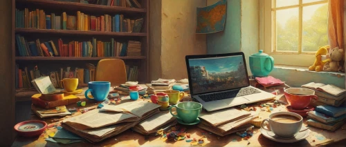 study room,tea and books,studio ghibli,classroom,coffee and books,reading room,bookstore,workspace,bookshelves,the little girl's room,books,bookshop,bookshelf,study,book wall,book store,playing room,novels,desk,library,Illustration,Abstract Fantasy,Abstract Fantasy 17