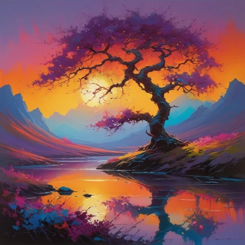 colorful tree of life,painted tree,purple landscape,watercolor tree,fantasy landscape,flourishing tree,isolated tree,landscape background,magic tree,lone tree,colorful background,painting technique,nature landscape,bonsai,world digital painting,tree of life,fantasy picture,landscape nature,blossom tree,harmony of color,Conceptual Art,Sci-Fi,Sci-Fi 22