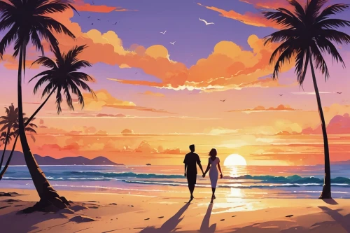 loving couple sunrise,dream beach,couple silhouette,palmtrees,landscape background,beach background,summer background,coconut trees,romantic scene,sunset beach,beach landscape,beach scenery,lover's beach,palm silhouettes,beautiful beach,honolulu,palm trees,tropical beach,watercolor palm trees,silhouette art,Illustration,Japanese style,Japanese Style 06