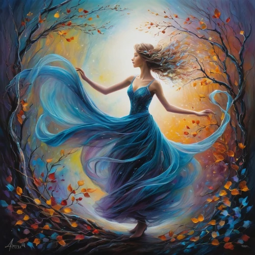 dance with canvases,ballerina in the woods,autumn background,oil painting on canvas,throwing leaves,faerie,girl with tree,the autumn,art painting,blue moon rose,light of autumn,blue enchantress,falling on leaves,fantasy art,mystical portrait of a girl,dancer,fantasy picture,twirling,faery,boho art,Illustration,Abstract Fantasy,Abstract Fantasy 14