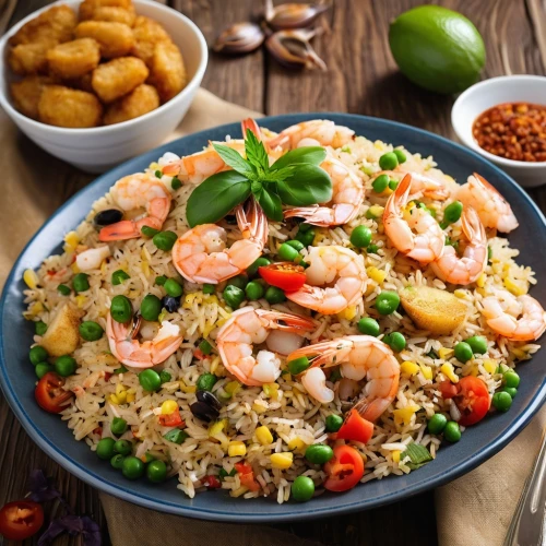 prawn fried rice,rice with seafood,shrimp risotto,paella,arborio rice,thai fried rice,shrimp salad,scampi shrimp,spiced rice,couscous,mediterranean cuisine,puerto rican cuisine,lemon rice,filipino cuisine,yeung chow fried rice,jambalaya,spanish rice,latin american food,arroz a la valenciana,seafood in sour sauce