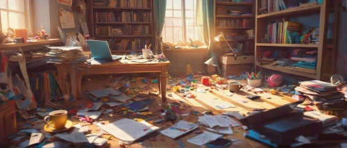 the little girl's room,study room,playing room,clutter,studio ghibli,kids room,classroom,room,study,workspace,children studying,pile of books,children's room,desk,one-room,one room,tiny world,boy's room picture,paperwork,girl studying,Conceptual Art,Fantasy,Fantasy 02