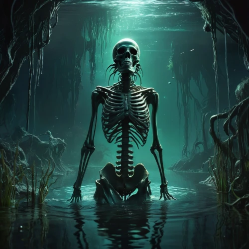 scull,bayou,skeleton,skeletal,vintage skeleton,skull rowing,skeletons,life after death,skeleltt,skeletal structure,human skeleton,dark art,endoskeleton,skeleton key,slender,dance of death,the body of water,swamp,underwater background,backwater,Illustration,Realistic Fantasy,Realistic Fantasy 47