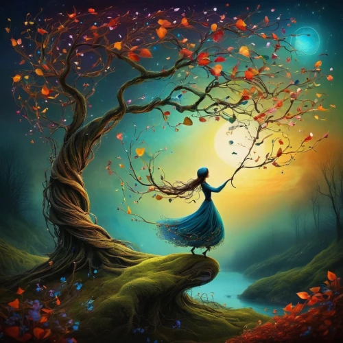 autumn tree,magic tree,autumn background,girl with tree,fantasy picture,colorful tree of life,orange tree,faerie,tangerine tree,apple tree,light of autumn,autumn theme,the branches of the tree,autumn idyll,halloween bare trees,pumpkin autumn,fantasy art,forest of dreams,autumn forest,autumn landscape,Illustration,Abstract Fantasy,Abstract Fantasy 01