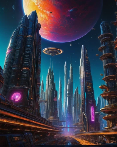 futuristic landscape,metropolis,scifi,fantasy city,sci fiction illustration,alien planet,sci-fi,sci - fi,alien world,sci fi,futuristic,city cities,futuristic architecture,cityscape,gas planet,space port,cg artwork,ancient city,sky space concept,compans-cafarelli,Illustration,American Style,American Style 02