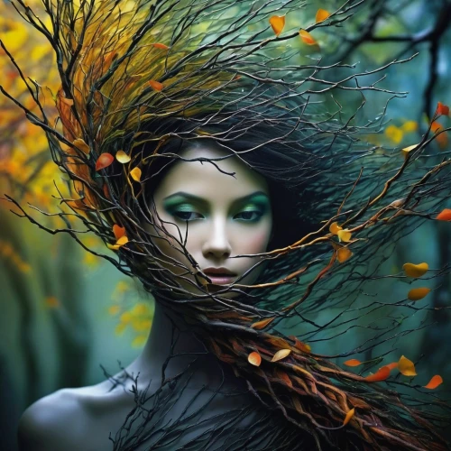 dryad,faery,faerie,girl in a wreath,girl with tree,leafed through,tree crown,tree thoughtless,mystical portrait of a girl,fractals art,fantasy art,the enchantress,branching,branched,tendrils,woman thinking,photoshop manipulation,conceptual photography,the branches of the tree,photo manipulation,Photography,Black and white photography,Black and White Photography 07