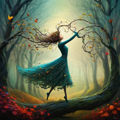 ballerina in the woods,girl with tree,faerie,forest of dreams,fantasy picture,autumn background,falling on leaves,faery,enchanted forest,throwing leaves,autumn forest,fairy tale character,fairies aloft,mystical portrait of a girl,the autumn,fairy forest,fairytale,fairy tale,enchanted,fae,Illustration,Abstract Fantasy,Abstract Fantasy 01