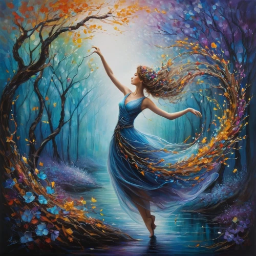 ballerina in the woods,dance with canvases,throwing leaves,oil painting on canvas,girl with tree,autumn background,faerie,fantasy picture,twirling,dancer,art painting,fantasy art,woman playing,mystical portrait of a girl,boho art,falling on leaves,fantasia,faery,fairy peacock,the autumn,Illustration,Abstract Fantasy,Abstract Fantasy 14