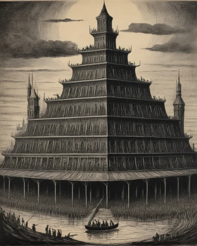 tower of babel,panopticon,kharut pyramid,russian pyramid,ancient city,the ark,castle of the corvin,trireme,step pyramid,constantinople,the ancient world,the aztec calendar,maya civilization,fortress,the great pyramid of giza,house of the sea,citadel,prejmer,ghost castle,pyramid,Illustration,Black and White,Black and White 23