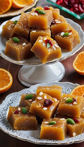 nian gao,mandarin cake,besan barfi,diwali sweets,candied fruit,south asian sweets,indian sweets,caramel shortbread,sliced tangerine fruits,gelatin dessert,peanut brittle,almond jelly,irish potato candy,dried apricots,bánh tẻ,marzipan potatoes,water chestnut cake,sweetmeats,quince cheese,zwiebelkuchen,Photography,General,Realistic