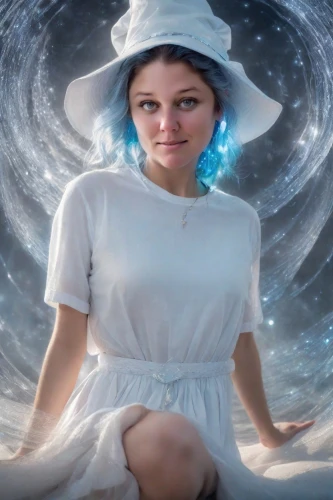 aquarius,fantasy portrait,mystical portrait of a girl,fantasy picture,astral traveler,milkmaid,fantasy woman,the sea maid,virgo,heliosphere,fae,ice queen,bjork,photomanipulation,digital compositing,blue enchantress,spiral background,winterblueher,et,photoshop manipulation,Photography,Realistic