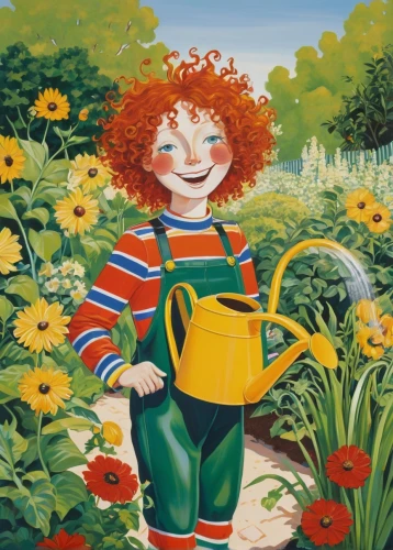 the garden marigold,pumuckl,girl in the garden,girl picking flowers,marigolds,flower marigolds,garden marigold,marigold,gardener,pot marigold,marguerite,carol colman,watering can,picking vegetables in early spring,gardening,girl in flowers,pippi longstocking,perennial daisy,garden shovel,raggedy ann,Illustration,Retro,Retro 21