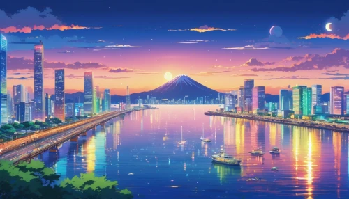 honolulu,futuristic landscape,odaiba,tokyo city,fantasy city,cityscape,tokyo,nile,dusk background,osaka,colorful city,osaka bay,diamond lagoon,ancient city,sky city,yokohama,city skyline,skyline,metropolis,fantasy world,Illustration,Japanese style,Japanese Style 03