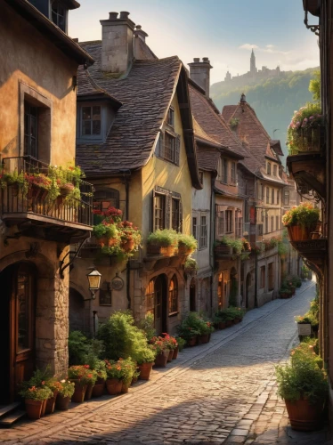 alsace,medieval street,alpine village,medieval town,rothenburg,spa town,switzerland,franconian switzerland,colmar,the cobbled streets,half-timbered houses,thun,switzerland chf,cobblestone,mountain village,france,southeast switzerland,escher village,cobblestones,bern,Illustration,Abstract Fantasy,Abstract Fantasy 18