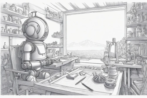 apothecary,sewing room,laboratory,workroom,workbench,sci fiction illustration,tinsmith,tinkering,watchmaker,art tools,game drawing,frame drawing,clockmaker,gunsmith,industrial robot,hand-drawn illustration,kitchen,chemical laboratory,craftsman,graphite,Illustration,Realistic Fantasy,Realistic Fantasy 26