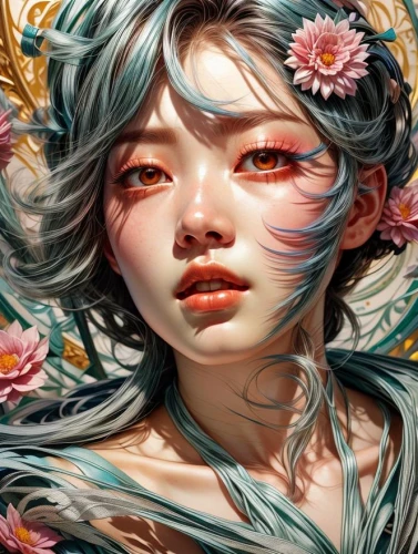 falling flowers,fantasy portrait,fallen petals,flora,petals,digital painting,flower fairy,world digital painting,girl in flowers,bloom,digital art,kahila garland-lily,japanese floral background,mystical portrait of a girl,fallen flower,芦ﾉ湖,blossoms,blossom,amano,wind