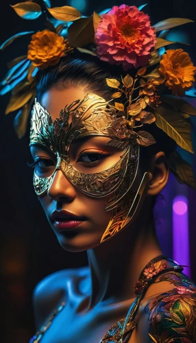 masquerade,venetian mask,the carnival of venice,golden mask,gold mask,girl in a wreath,face paint,kahila garland-lily,headdress,faery,feather headdress,fantasy portrait,the festival of colors,geisha,neon body painting,brazil carnival,faerie,mystical portrait of a girl,fairy peacock,masque,Photography,Artistic Photography,Artistic Photography 08