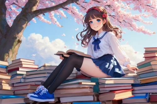 bookworm,reading,girl studying,read a book,books,book stack,novels,relaxing reading,schoolgirl,sakura background,tea and books,books pile,sakura blossoms,book collection,the cherry blossoms,japanese sakura background,cherry blossoms,sakura,sakura blossom,sakura tree,Illustration,Realistic Fantasy,Realistic Fantasy 04