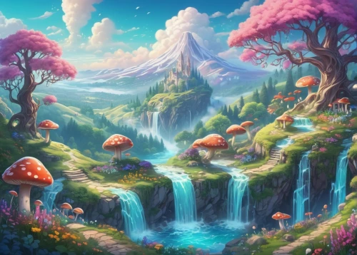 mushroom landscape,mushroom island,fairy world,fairy village,fantasy landscape,fairy forest,elven forest,fairytale forest,fantasy picture,cartoon video game background,landscape background,fairy chimney,enchanted forest,fantasy world,dream world,wishing well,3d fantasy,wonderland,fairy house,druid grove,Unique,3D,Isometric