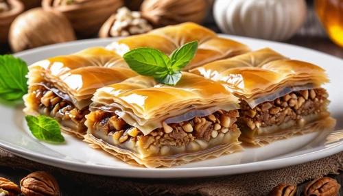 baklava,mille-feuille,apple strudel,caramel shortbread,yellow leaf pie,turrón,besan barfi,kugel,apple casserole,apple cake,flaky pastry,danish nut cake,pastitsio,nut-nougat cream,pastiera,baked alaska,puff pastry,gelatin dessert,mandarin cake,zwiebelkuchen,Photography,General,Realistic