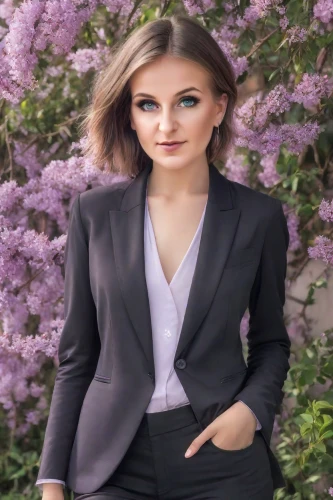 flower background,business woman,businesswoman,floral background,portrait background,lilacs,real estate agent,pantsuit,spring background,springtime background,blur office background,business girl,mauve,flowered tie,woman in menswear,pink tie,black suit,girl in flowers,beautiful girl with flowers,purple background,Photography,Realistic