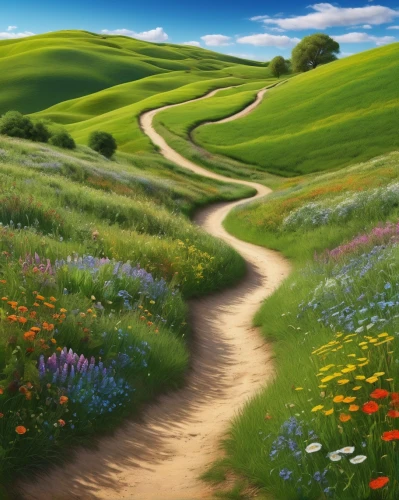 meadow landscape,pathway,meadow rues,landscape background,blooming field,flower field,the mystical path,meadow in pastel,flower meadow,the path,winding road,summer meadow,hiking path,cartoon video game background,the way of nature,spring meadow,flowering meadow,flowers field,green meadow,field of flowers,Illustration,Retro,Retro 11