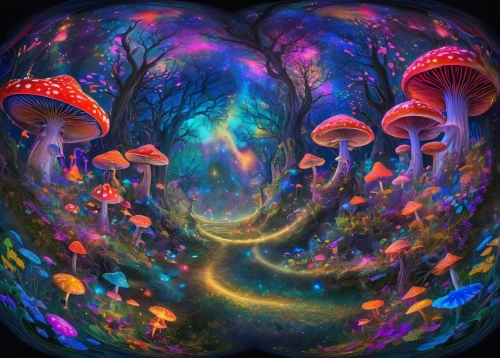 mushroom landscape,psychedelic art,mushrooms,fairy forest,fairy galaxy,psychedelic,fairy world,forest of dreams,forest mushrooms,cubensis,lsd,mushroom island,enchanted forest,blue mushroom,wonderland,forest mushroom,fairy village,hallucinogenic,kaleidoscopic,toadstools,Illustration,Realistic Fantasy,Realistic Fantasy 02