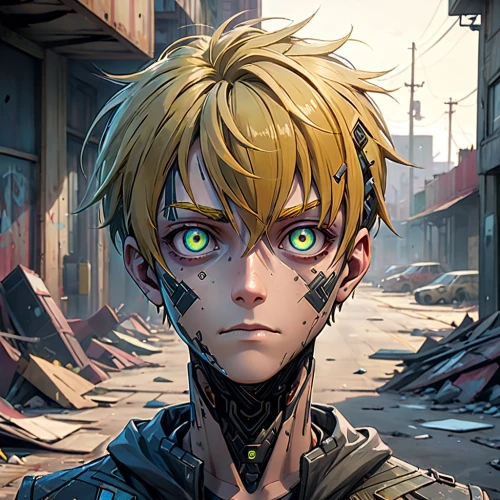 anime boy,boruto,cyborg,2d,scrap yard,darjeeling,violet evergarden,tangelo,nico,persona,ren,anime cartoon,scrapyard,leo,post apocalyptic,meteora,pupils,robot eye,junkyard,gold eyes,Anime,Anime,General