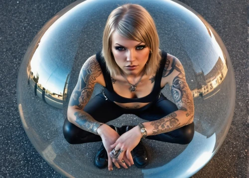 crystal ball-photography,tattoo girl,photo session in bodysuit,hood ornament,handpan,car model,glass sphere,automobile hood ornament,bowling ball,greta oto,crystal ball,vespa,body piercing,fish eye,motorcycle helmet,wing mirror,girl and car,lotus position,propeller,bullet,Photography,General,Realistic