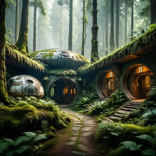 hobbiton,futuristic landscape,house in the forest,fantasy landscape,mushroom landscape,elven forest,hobbit,fairy village,fantasy picture,alien world,fantasy art,druid grove,fairy forest,sci fi,sci fiction illustration,concept art,sci-fi,sci - fi,ufo interior,3d fantasy,Photography,General,Natural