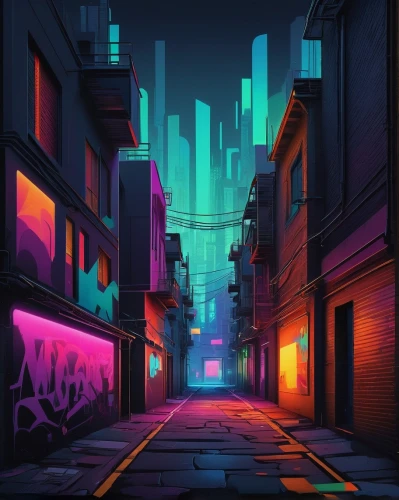 alleyway,colorful city,alley,neon arrows,cityscape,cyberpunk,dusk background,city at night,urban,metropolis,fantasy city,dusk,city lights,neon lights,tokyo city,neon ghosts,vapor,neon,neon light,evening city,Illustration,Vector,Vector 05