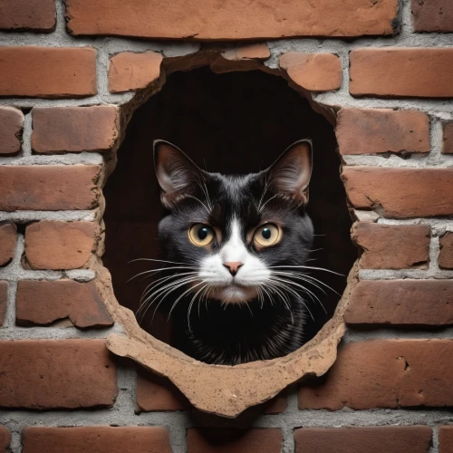 cats on brick wall,schrödinger's cat,rescue alley,cat frame,cat image,hole in the wall,hollow hole brick,shelter cat,alley cat,knothole,litter box,feral cat,brick background,funny cat,cute cat,vintage cat,domestic short-haired cat,cat,cat sparrow,cat portrait,Photography,General,Realistic