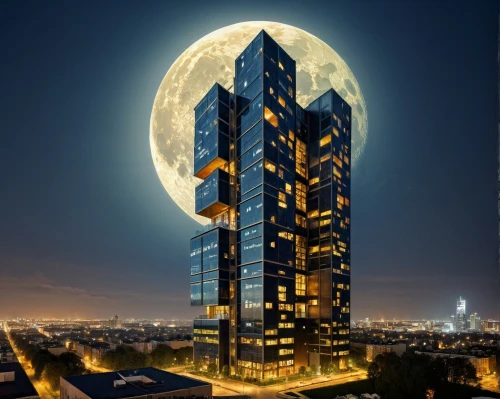 residential tower,skycraper,electric tower,tallest hotel dubai,sky apartment,bulding,renaissance tower,international towers,largest hotel in dubai,urban towers,olympia tower,moon phase,highrise,high-rise,high-rise building,hanging moon,big moon,moonlit night,moon at night,the skyscraper