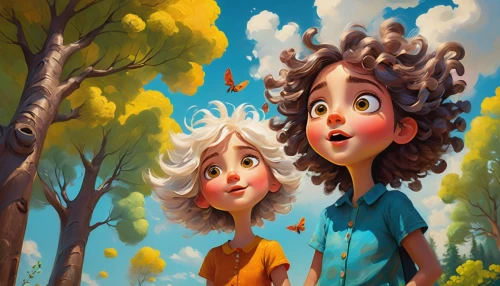 happy children playing in the forest,kids illustration,girl and boy outdoor,cartoon forest,digital painting,world digital painting,acorns,two girls,little boy and girl,children's background,adam and eve,forest walk,girl with tree,oil painting on canvas,fairies,frutti di bosco,falling on leaves,in the forest,little people,oil painting,Illustration,Realistic Fantasy,Realistic Fantasy 16