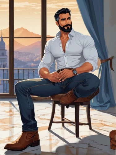 men sitting,male character,male poses for drawing,game illustration,man on a bench,brawny,portrait background,sitting on a chair,an investor,world digital painting,persian poet,sci fiction illustration,romantic portrait,sitting,gentleman icons,men clothes,game art,macho,study,ulysses,Unique,Design,Sticker