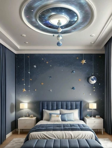 sleeping room,ceiling light,wall decoration,great room,sky space concept,ceiling fixture,aquarium decor,wall sticker,ceiling lamp,ceiling lighting,stucco ceiling,constellation swan,wall lamp,blue room,contemporary decor,children's bedroom,modern decor,baby room,blue angel fish,modern room