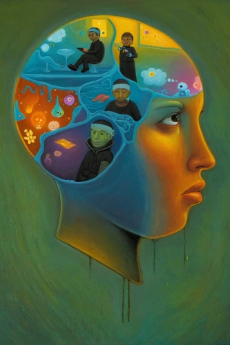 woman thinking,mind,brain icon,psychedelic art,consciousness,surrealism,mind-body,open mind,brainy,brain,cognitive psychology,self-consciousness,human brain,train of thought,computational thinking,immersed,sci fiction illustration,oil painting on canvas,equilibrium,thinking man,Illustration,Realistic Fantasy,Realistic Fantasy 18