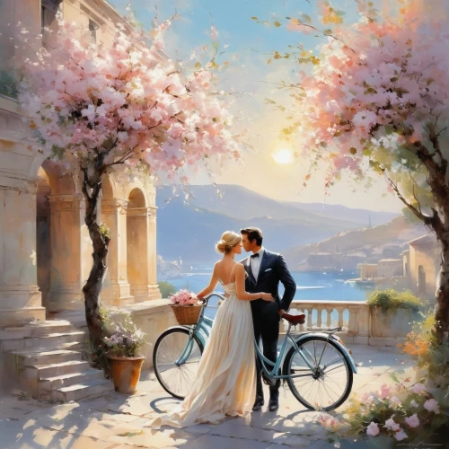 romantic scene,romantic portrait,wedding couple,serenade,flower delivery,young couple,wedding photo,romantic look,floral bike,springtime background,wedding frame,world digital painting,bicycle,bicycle ride,honeymoon,woman bicycle,fantasy picture,beautiful couple,landscape background,flower cart,Conceptual Art,Fantasy,Fantasy 23
