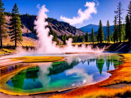 yellowstone national park,mountain spring,colorful grand prismatic spring,yellowstone,thermal spring,geothermal energy,geyser,geothermal,lassen volcanic national park,volcanic lake,volcano pool,hot spring,geyser strokkur,great fountain geyser,grand prismatic spring,crater lake,landscape background,volcanic landscape,mineral spring,salt meadow landscape,Conceptual Art,Oil color,Oil Color 10