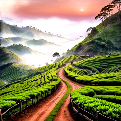 tea plantations,tea plantation,tea field,rice terrace,rice terraces,rice fields,heart tea plantation,landscape background,ricefield,tea garden,rice paddies,rice field,the rice field,moc chau tea hills,vegetables landscape,vietnam,mountainous landscape,yamada's rice fields,green landscape,ha giang,Illustration,Realistic Fantasy,Realistic Fantasy 20