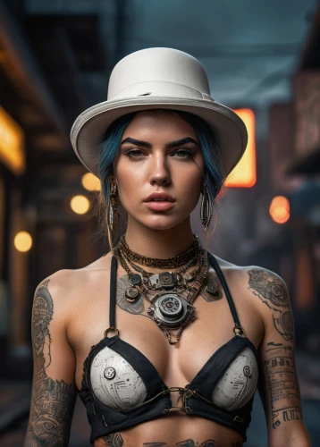 tattoo girl,leather hat,the hat-female,cowgirl,wild west,cowboy hat,tattoo expo,black hat,sheriff,hat retro,police hat,femme fatale,dodge la femme,steampunk,girl wearing hat,tattoo artist,cow boy,policewoman,tattoos,fedora,Photography,General,Sci-Fi