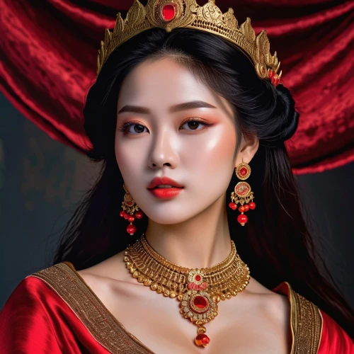 oriental princess,kimjongilia,queen of hearts,yeonsan hong,mulan,fantasy portrait,queen crown,diadem,songpyeon,daegeum,queen s,hong,joy,oriental girl,world digital painting,princess' earring,gochujang,solar,maeuntang,victoria,Photography,General,Realistic